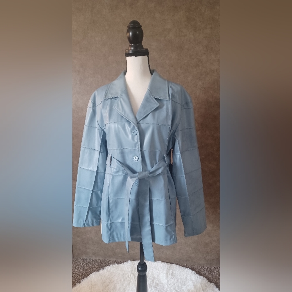 Women's Blue Vintage Pleated Blazer Jacket With Belt Size XL By Outer Edge